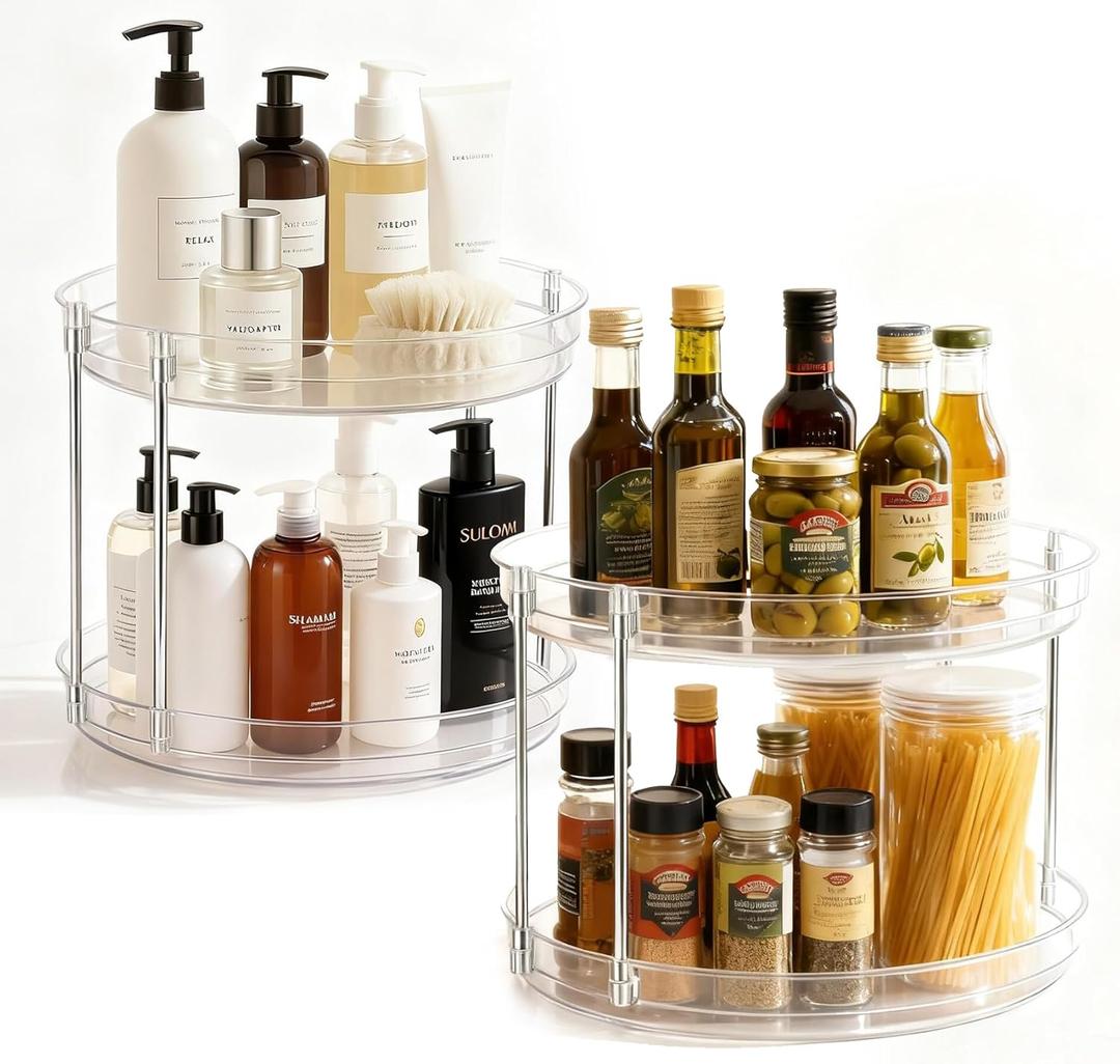 2-Pack 2-Tier Clear Lazy Susan Turntable Organizer, 9.5" Rotating Spice Rack for Kitchen Cabinet, Countertop Tray for Bathroom & Vanity to Organize Makeup, Perfume and Jewelry