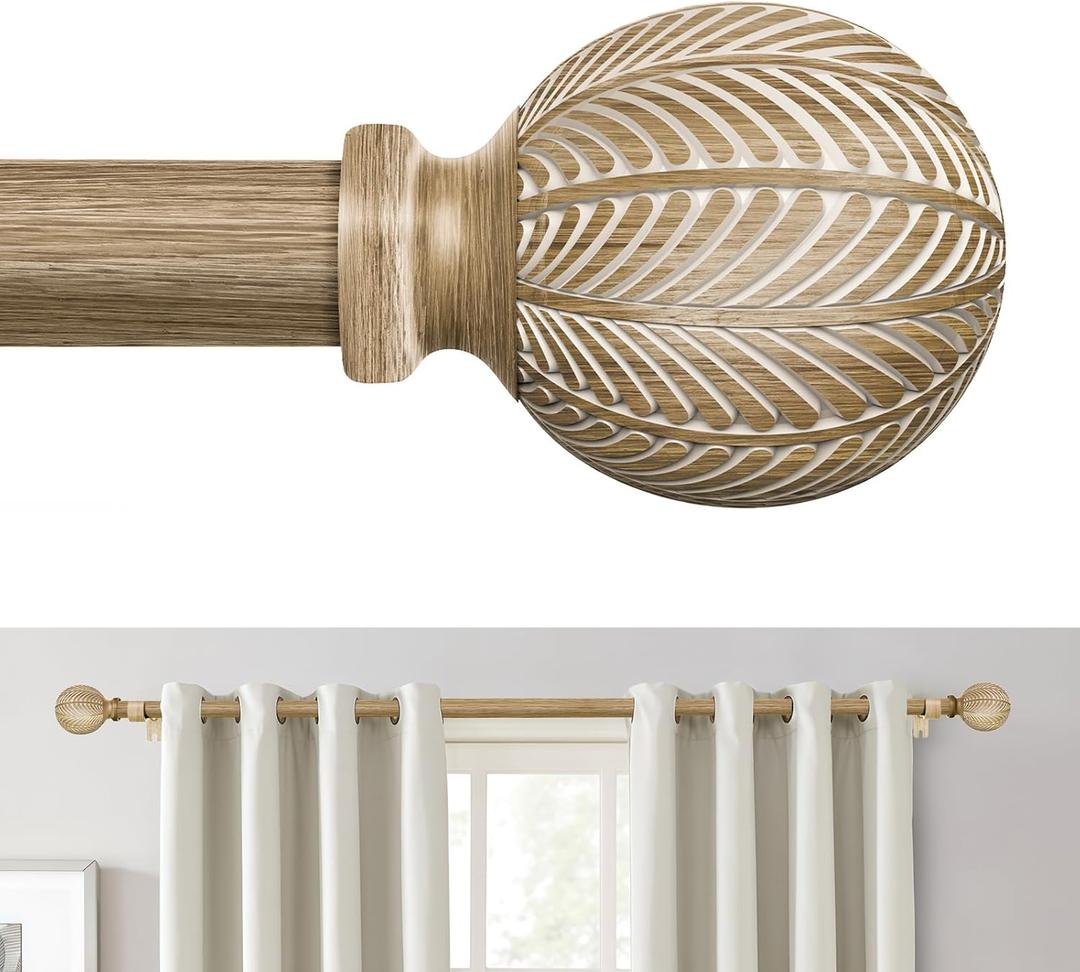 Boho Wood Curtain Rods for Windows 48 to 84 Inch, 1" Adjustable Curtain Rod with Imitation Wooden Grain Finials, Decorative Heavy Duty Rustic Farmhouse Drapery Rods, 36-88'', Weathered Wood