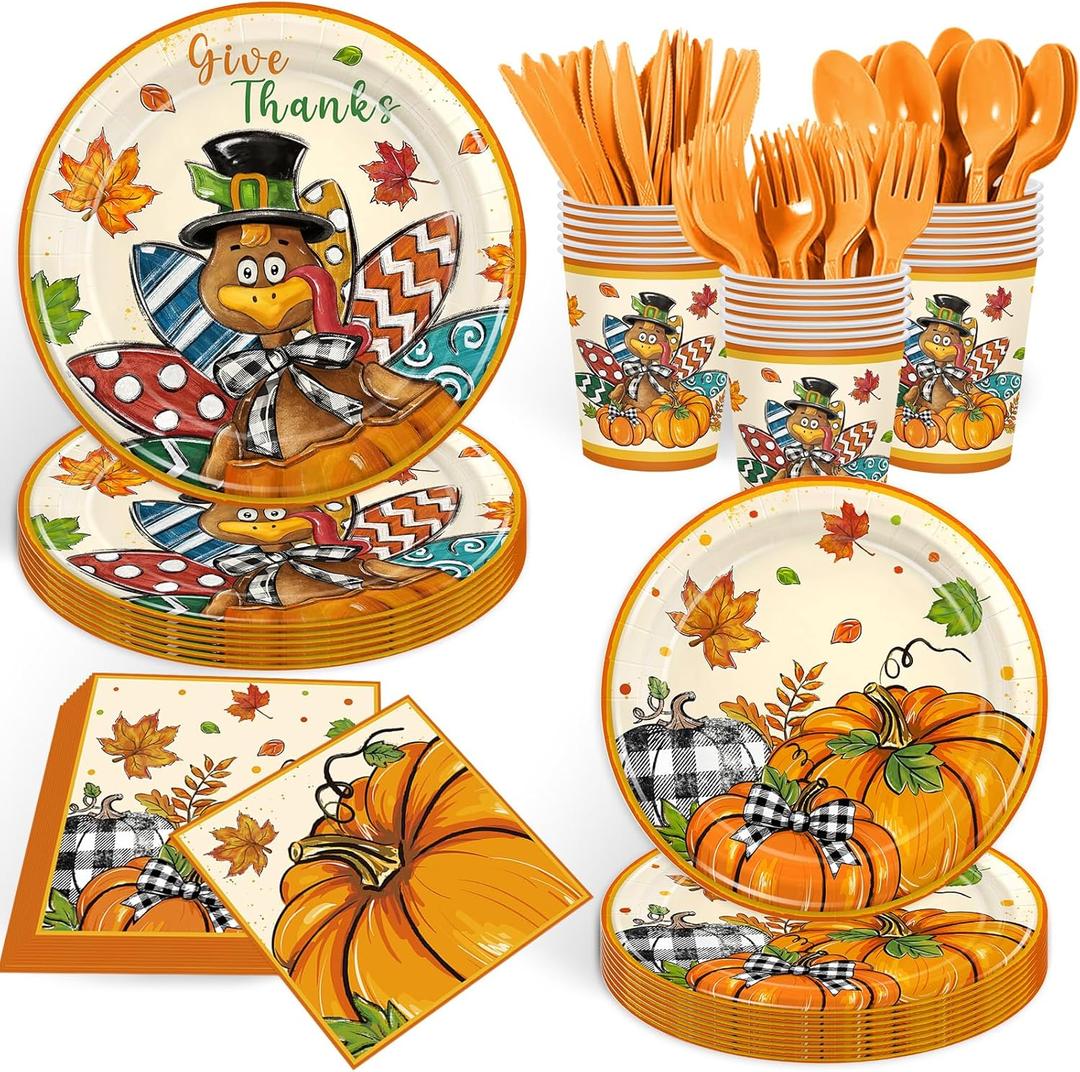 168PCS Turkey Thanksgiving Party Supplies Watercolor Fall Harvest Party Decorations Autumn Maple Paper Plates Cups Napkins for Birthday Baby Shower Picnic Tableware 24 Guests