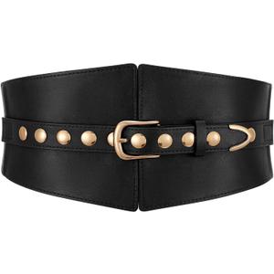 Wide Waist Belt Women Elastic Chunky Stretchy Elegance Belt with Gold Rivets Buckle for Daily Costume (Black)