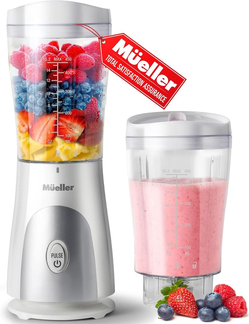 Mueller Personal Blender for Shakes and Smoothies with 15 Oz Travel Cup and Lid, Juices, Baby Food, Heavy-Duty Portable Blender & Food Processor, White