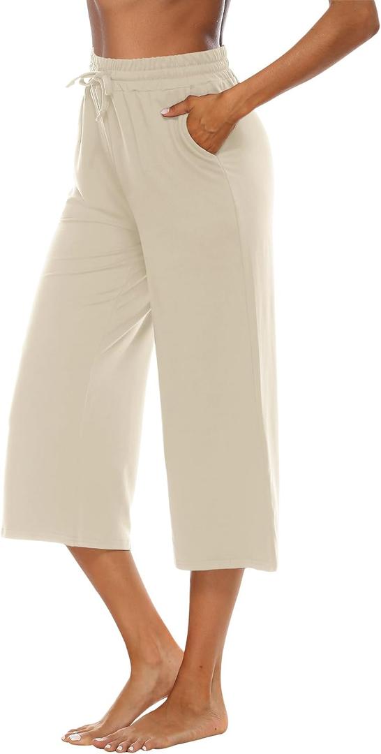 OYANUS Capris for Women Casual Summer Loose Comfy Drawstring Wide Leg Capri Pants with Pockets (Beige, XL)