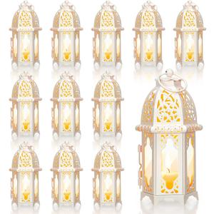12 Pcs Moroccan Style Candle Lantern Ramadan Lanterns Vintage Decorative Candle Holder with Transparent Glass Hanging Ramadan Decorations for Wedding Eid Mubarak Indoor Outdoor Event Party Tabletop