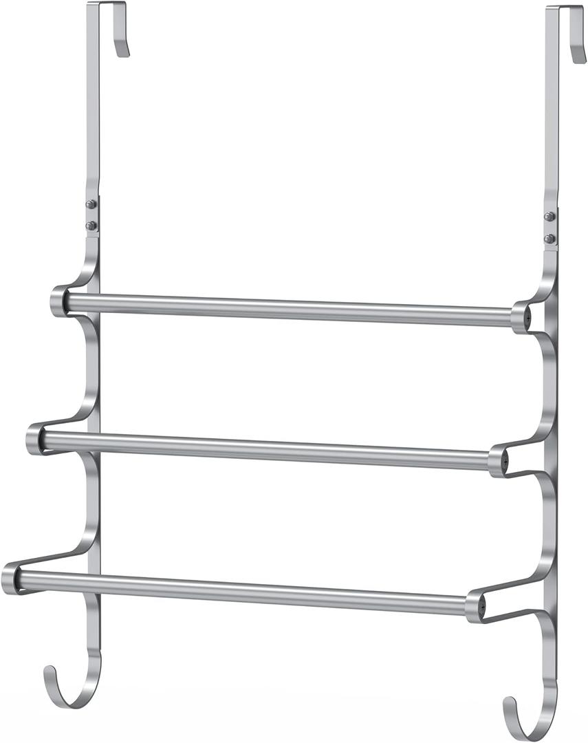 Over The Door Towel Rack, Over Door Towel Rack for Bathroom Door, Triple Towel Storage Holder with Hooks (Silver Gray, 17.32" L) (17.32"L, Silver Gray)