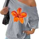 Women's Oversized Off Shoulder Graphic Tees Short Sleeve Bow Letter Print T Shirts Y2K Tops (Gray, L)