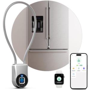 Fingerprint Cable Lock, Fridge Lock with Fingerprint Bluetooth APP Control, Smart Biometric Waterproof Child-Proof Refrigerator Locks for Kids & Adults Fridge French Door Cabinet Gate (Silver)