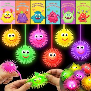 24 Pack Valentines Day Gifts for Kids, LED Light up Balls with Valentines Cards Flashing Spiky Ball Toys Bulk Glow in The Dark for Kids Boys Girls Classroom Exchange Prizes Party Favors Toys
