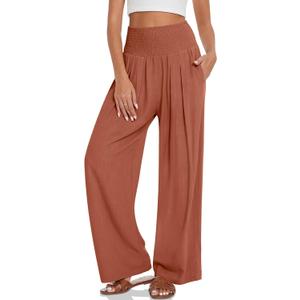 UEU Women's Linen Palazzo Pants Wide Leg High Waisted Lounge Casual Beach Pants with Pockets (X-Large, Light Red Brown)