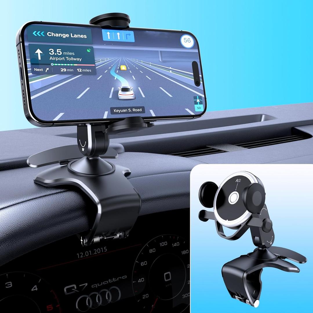 Universal 360 Rotating Dashboard Phone Holder for Car - Spring Clip Car Phone Mount, No Adhesive No Tools, Multi-Angle Adjustable Clip-On Holder for 4-7 inches Smartphones (Black)