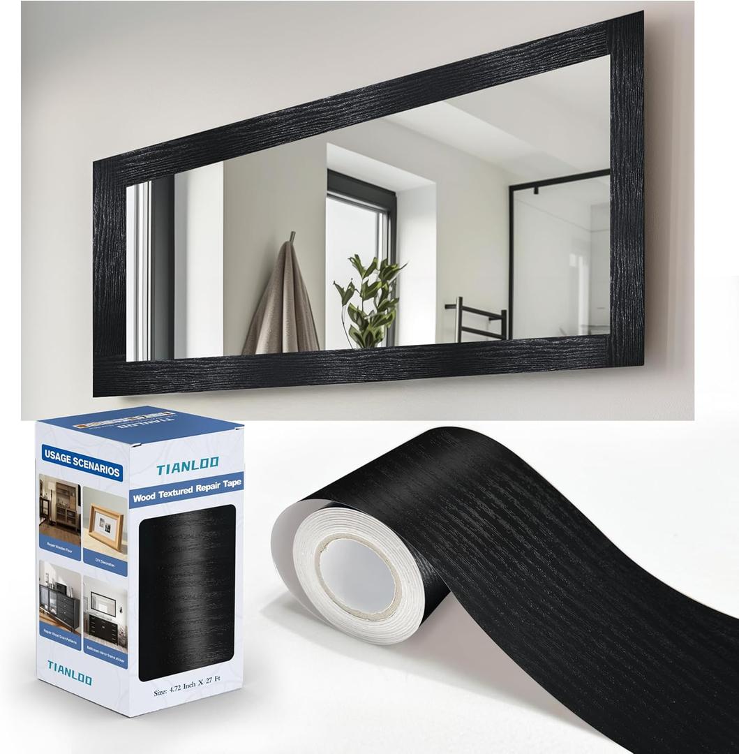 27 FT Wood Grain Wallpaper Border, Removable Waterproof Mirror Border Peel and Stick,Bathroom Mirror Frame Border.Black (4.72 Inch x 27 Ft)