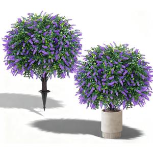 2 Pack 25" Artificial Lavender Topiary Ball Tree for Outdoors Faux Evergreen Shrubs Plants with Ground Spike UV Resistant Fake Bushes Ball Trees for Outdoor Indoor Home Porch Patio Decoration