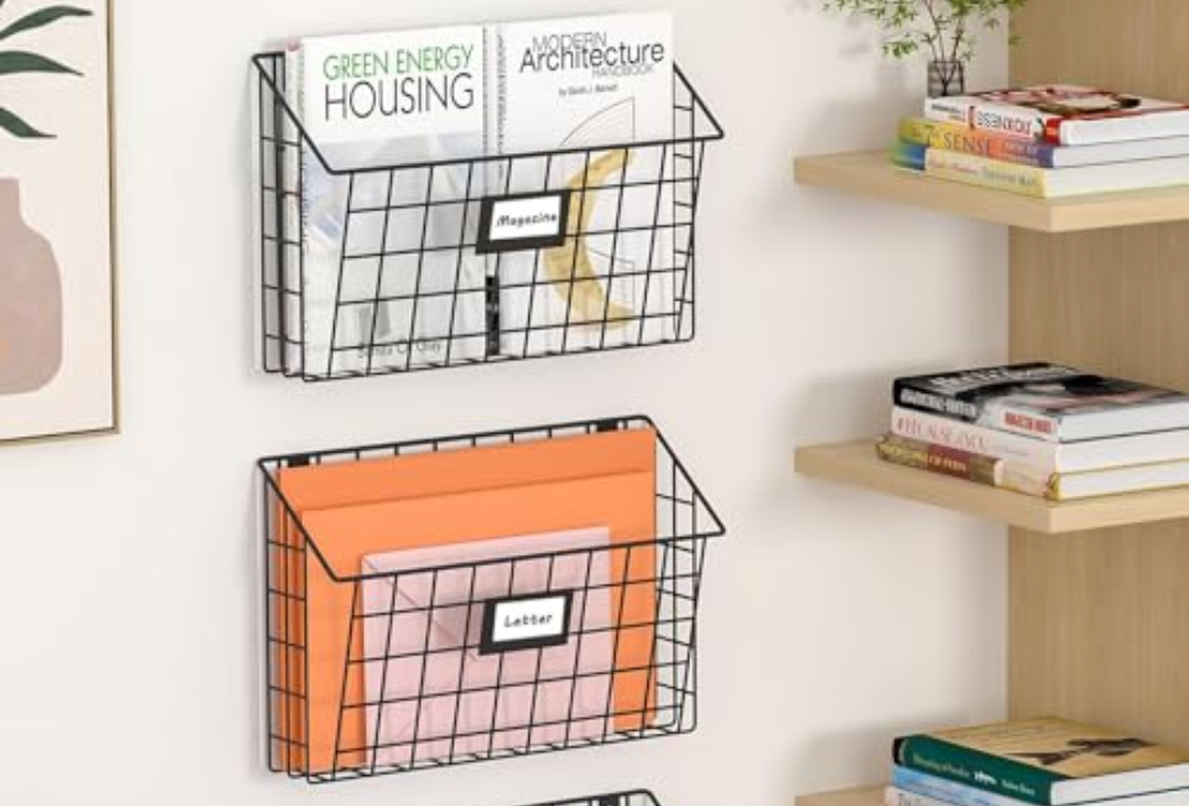 X-cosrack Detachable Hanging Wall Files Rack&2-tier Metal Folder Wall File Holder with Tag Slot Mounts on Wall and Door for Office, Home, and Work Easy Organizing, Black 