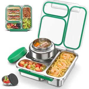 Stainless Steel Bento Box Kids Adult with 7oz Soup Thermo, Transparent Lid 3 Compartments Metal Bento Lunch Box with Insulated Food Jar,Lunch Box Container Sauce Cup for School,BPA-Free (Green)