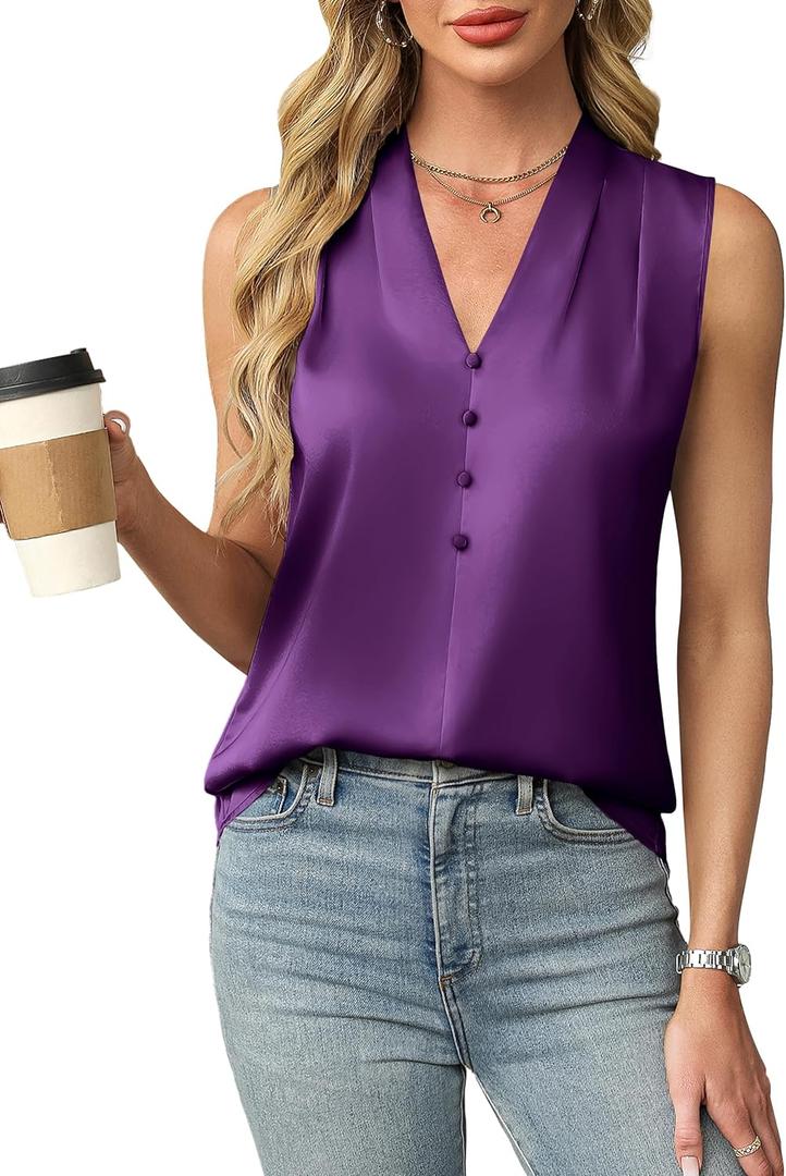 Blooming Jelly Women's Dressy Tank Tops Summer Sleeveless Work Blouses Silk Satin V Neck Shirts Business Casual Outfits S