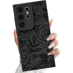 OOK Compatible with Samsung Galaxy S24 Ultra Case, Silicone Black Flowers Floral Rose Cute Pattern, TPU Camera Protection Soft Slim Shockproof Phone Cover for Women Girls- Black Rose