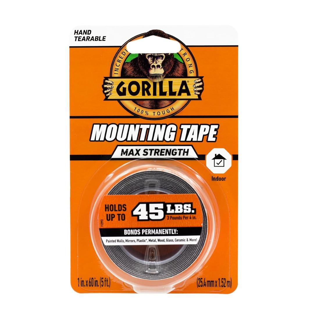 Gorilla Max Strength Mounting Tape, Double-Sided, Instant Hold, Permanent Bond with Reinforced Strength, 1 inch x 60 inches, Black (Pack of 1)