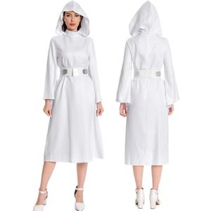 Princess Costume Dress Women Princes Cosplay Hooded Dresses Belt Outfit Halloween Suits for Adult (Medium, White)