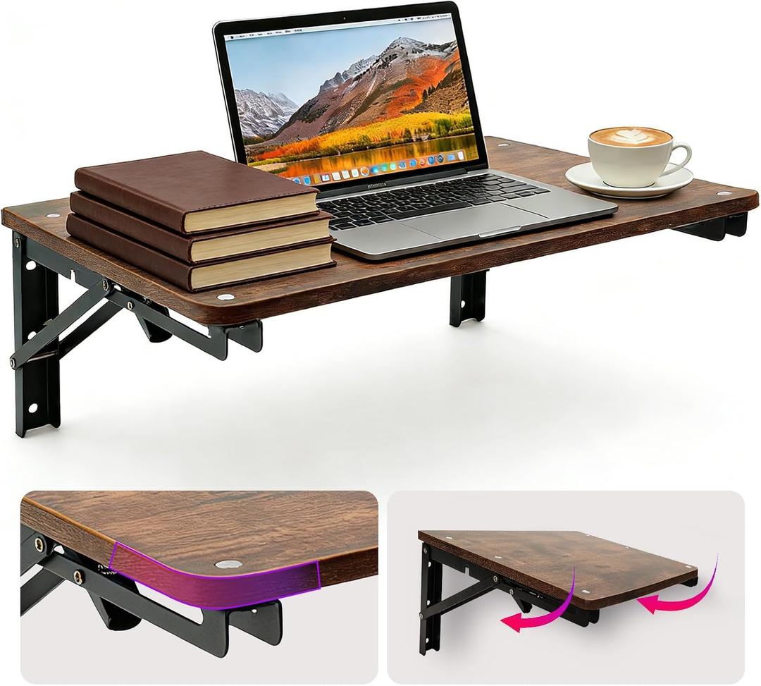 Wooden Folding Shelf Wall Mounted for Small Space, Wall Table for Living Room Bedroom Decor, Home Office Floating Fold Down Desk, Media Shelves with Heavy-Duty Brackets Holds Up to 30lbs, 21.6"*11.8"