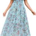Women's Floral Maxi Dress Flowy V Neck Empire Waist Summer Wedding Guest Party Casual Chiffon Dress (Blue, S)