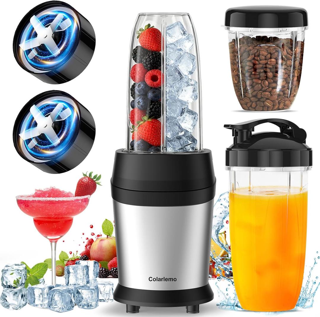 12-Piece Smoothie Blender Maker 25,000 RPM Personal Blender for Ice Crushing Smoothies & Frozen Drinks Nuts with 23oz, 32oz, 37oz Portable Cups Two 6-Leaf Stainless Steel Blades, Silver
