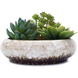 VanEnjoy 7.3 inch Round Large Shallow Succulent Ceramic Glazed Planter Pots with Drainage Hole, Bonsai Pots Garden Decorative Cactus Stand Flower Container (White)