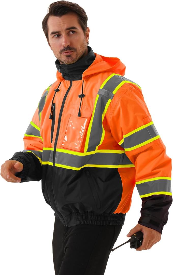 Hi Vis Safety jacket for men,Reflective high Visibility Hooded jacket,Work Bomber Jacket with Pockets and Zipper,Waterproof,ANSI Class 3 Black Bottom Tangerine,5XL