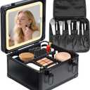 Travel Makeup Case with Lighted LED Mirror  Waterproof Cosmetic Organizer with Adjustable Dividers, Portable Makeup Train Case for Women, Black