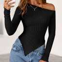 Zenlonr Womens Long Sleeve Shirts Fall Outfits 2025 Off The Shoulder Tops Asymmetrical Fitted Knit T Shirts Going Out Tops (Black, S)