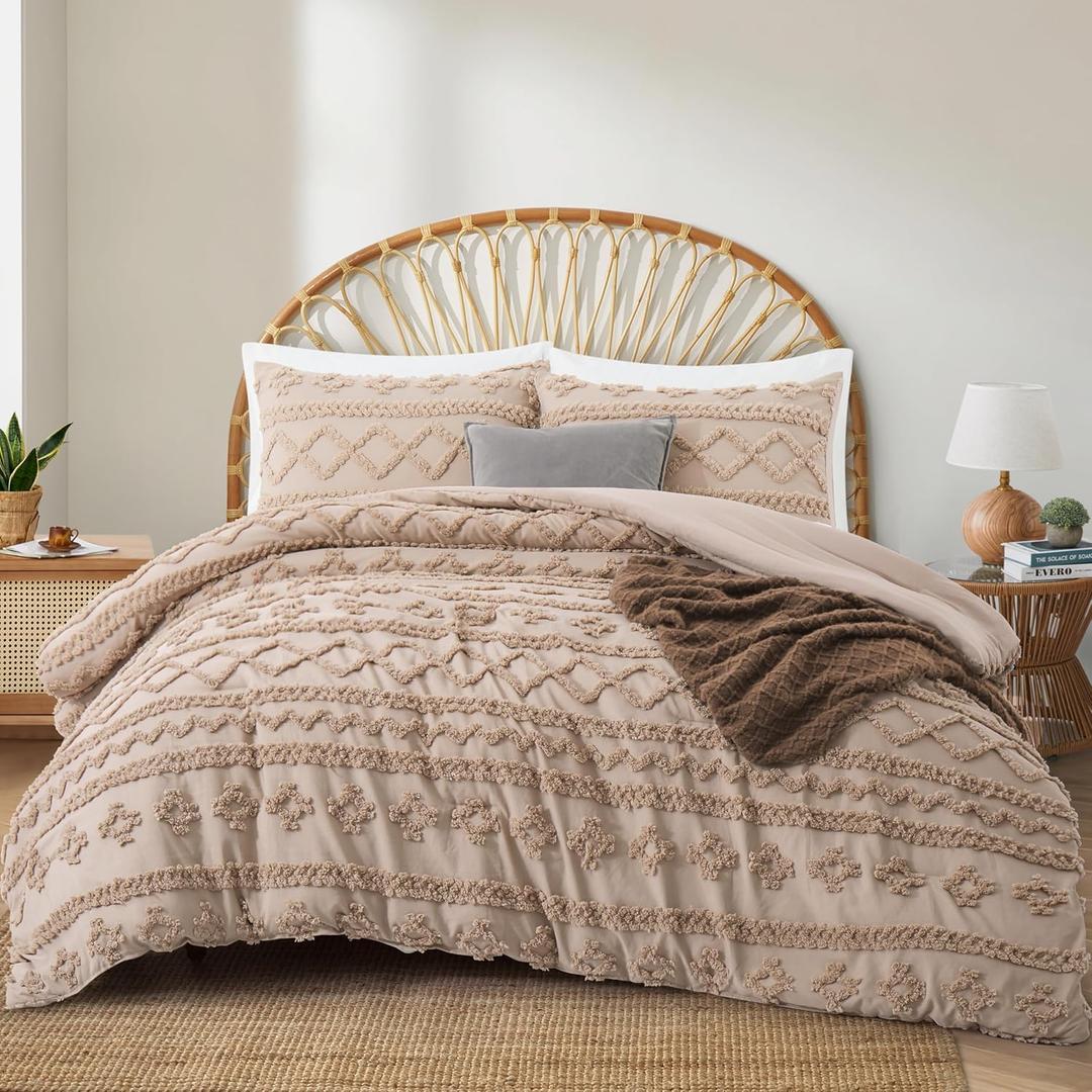 Oli Anderson Khaki Queen Comforter Set Tufted Bedding Set Queen 3 Pieces, Boho Shabby Chic Comforter with 2 Pillowcases (Khaki,Queen)