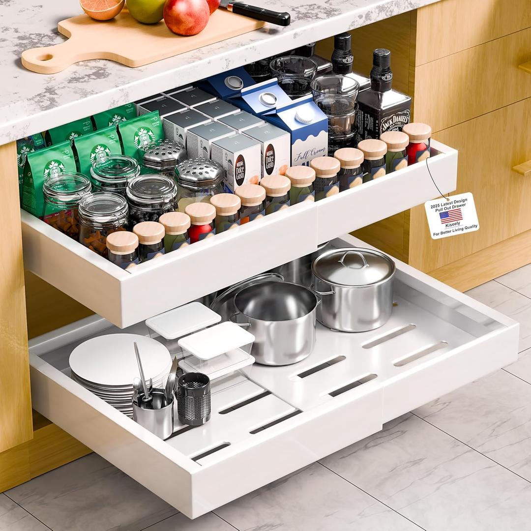 Kiseely 2 Pack Pull Out Cabinet Organizer Expandable, Adjustable Width 12.6"-20.6", Slide Out Drawers and Roll out Drawer for Pots and Pans, Adhesive No Drill Screw (White ND1)