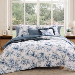 Queen Comforter Set -7 Pieces Floral Blue Comforter Set for All Seasons, Bed in a Bag Queen with Botanical Flowers Comforter, Sheets, Pillowcases & Shams