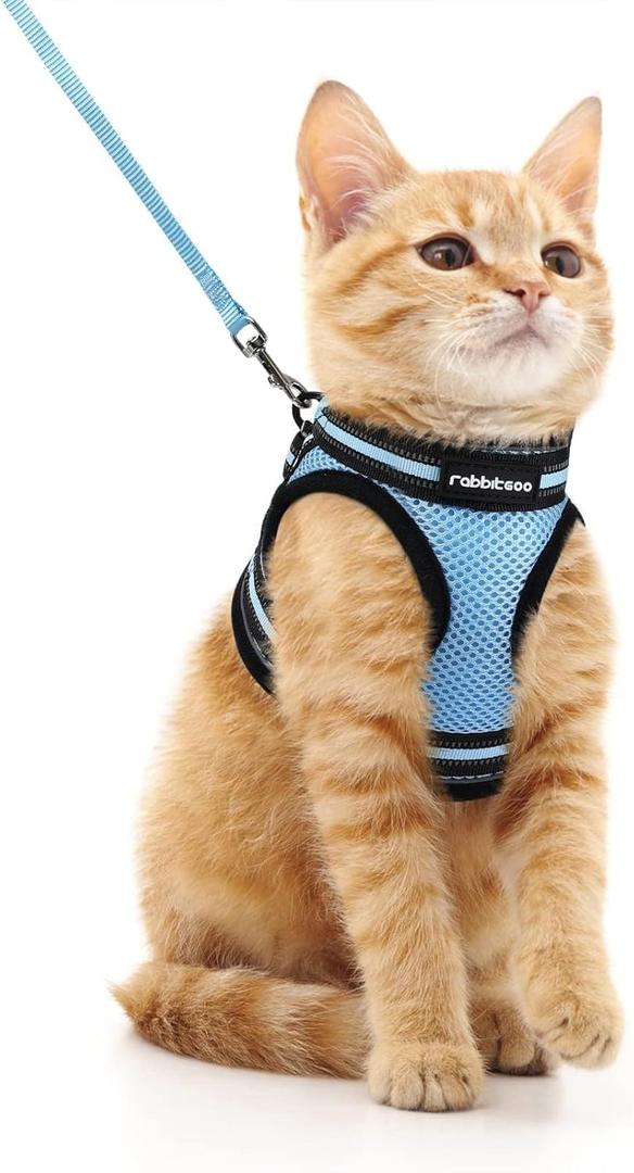 Rabbitgoo Cat Harness and Leash Set for Walking Escape Proof, Adjustable Soft Kittens Vest with Reflective Strip for Cats, Comfortable Outdoor Vest, Light Blue, Medium