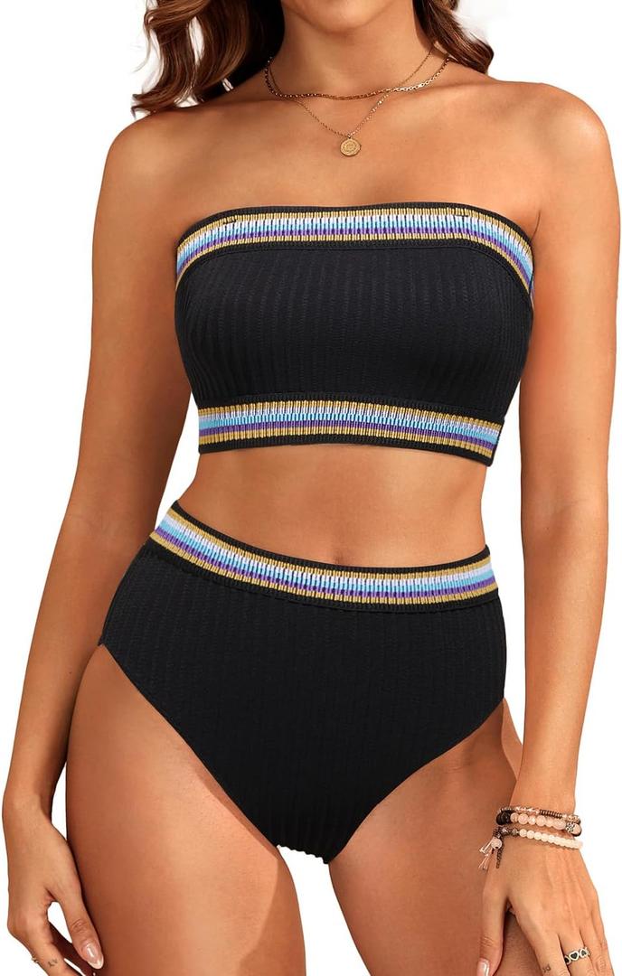 Daci High Waisted Bandeau Bikini Set - Women Strapless Two Piece Swimsuits Ribbed Full Coverage Bathing Suits Swimwear (Medium, Black)