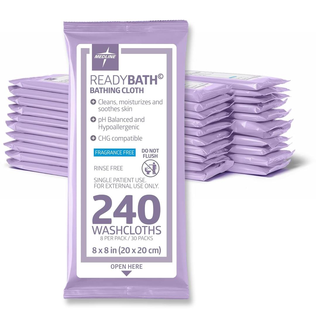 Medline ReadyBath Adult Bath Wipes, 240 Wipes (8 Wipes, 30 Packs), Unscented, No Rinse Formula with Aloe, Shower Wipes for Sensitive Skin, Hypoallergenic & Alcohol-Free Wet Wipes, 8 x 8 Inch