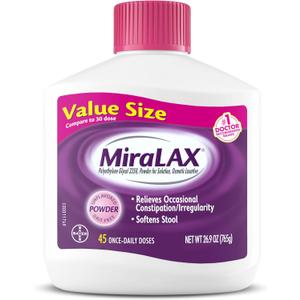 MiraLAX Gentle Constipation Relief Laxative Powder, Stool Softener with PEG 3350, Works Naturally with Water in Your Body, No Harsh Side Effects, Osmotic Laxative, 45 Dose (26.9 Ounce (Pack of 1))