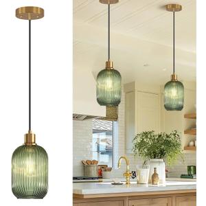 2 Pack Pendant Lights with Vintage Green Ribbed Glass Lampshade, Adjustable Brushed Gold Pendant Lights Fixtures for Kitchen Island Lighting Sink, Dining & Living Room Hallway (Bulbs Not Included)