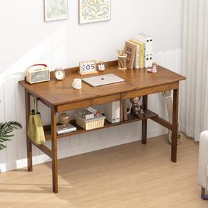 Solid Wood Writing Desk with Drawers, 47" Mid Century Modern Desk, Vintage Home Office Computer Desks and Storage Shelf, Wooden Study Table for Bedroom Small Spaces, Study Makeup Workstation, Walnut