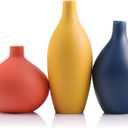 Ceramic Vase Set of 3, Minimalist Yellow, Orange, Blue Vases - Modern Farmhouse, Living Room, Shelf and Entryway Decor