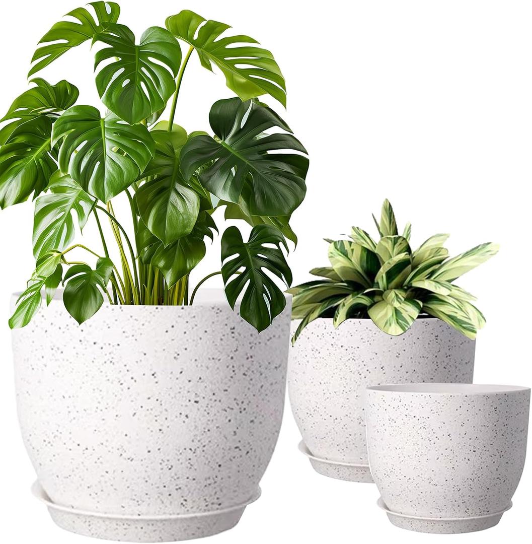 10/9/8 inch Plant Pots, 3 Pack Plastic Flower Pots Modern Flower Pots with Drainage Holes and Trays are for Indoor and Outdoor Plants, Herbs and Flowers,White Speckles