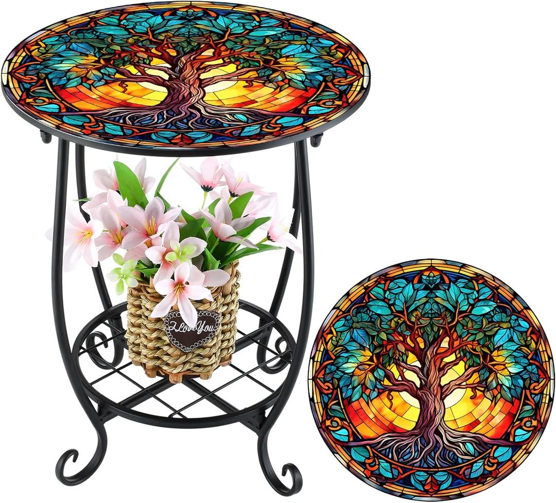 Outdoor Side Table Round Small Mosaic Patio Accent Indoor End Plant Metal Coffee Tea Table for Yard Porch Garden Patio Living Room, Bedroom(Tree Style,14 Inch)