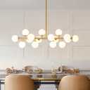 Mid Century Modern Sputnik Chandelier: 16-Light Globe Chandeliers over Table - White Glass Linear Chandelier Dining Room Light Fixture - Gold Brass Modern Chandeliers for Living Room Kitchen Island