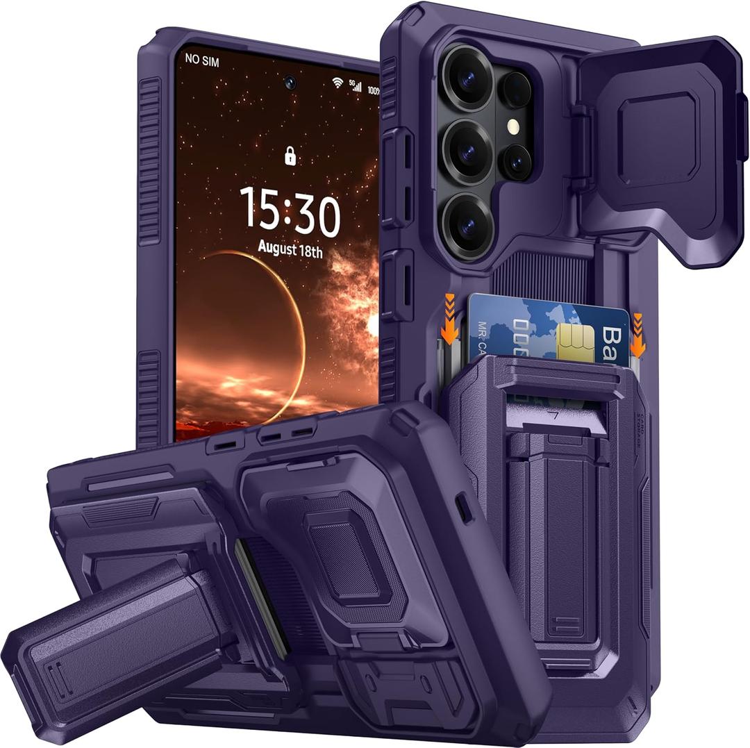 for Samsung Galaxy S26 Ultra Wallet Case with Card Holder & Kickstand & Full Camera Lens Cover, Military Grade Drop Shockproof Rugged Phone Case for S26 Ultra 6.9'', Purple
