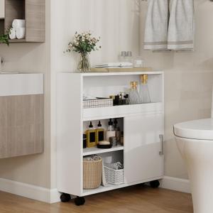 Slim Bathroom Storage Cabinet, Narrow Bathroom Storage Cabinet, Bathroom Floor Cabinet with Sliding Door and Adjustable Shelf for Small Spaces, Living Room, Kitchen, White
