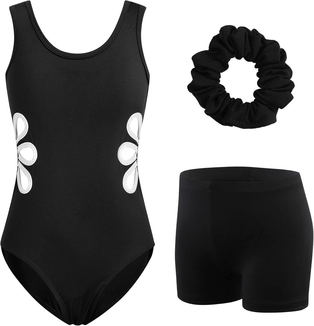 HOZIY Girls Gymnastics Leotards Outfits Sparkly Bow Back Unitards Biketard with Tumbling Shorts Hair band Kids 3-10 Years (4-5T, Black Floral Cutout)