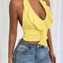 SOLY HUX Women's Ruffle Trim Halter Tops Ruched V Neck Sleeveless Going Out Crop Tops (L)
