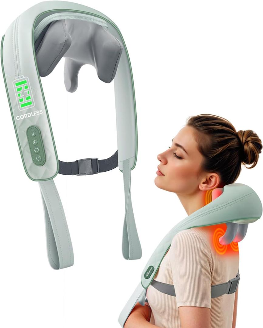 Snailax Cordless Neck Massager with Heat, Shiatsu Neck Shoulder Massager for Pain Relief Deep Tissue, 4D Kneading Shiatsu Back Massage Pillow, Gifts for Women, Men (Light Green)