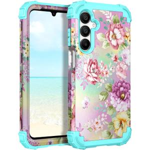 Hocase for Galaxy A16 5G Case, Heavy Duty Shockproof Protection Soft Silicone Rubber Bumper+Hard Plastic Hybrid Protective Case for Samsung Galaxy A16 5G (6.7"") 2025 - Purple/Pink Flowers
