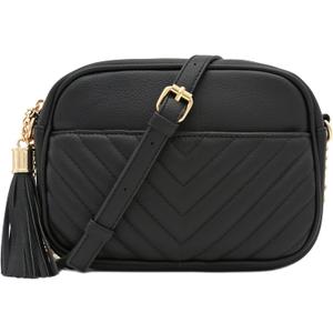 FashionPuzzle Chevron Quilted Crossbody Camera Bag with Chain Strap and Tassel (Black)
