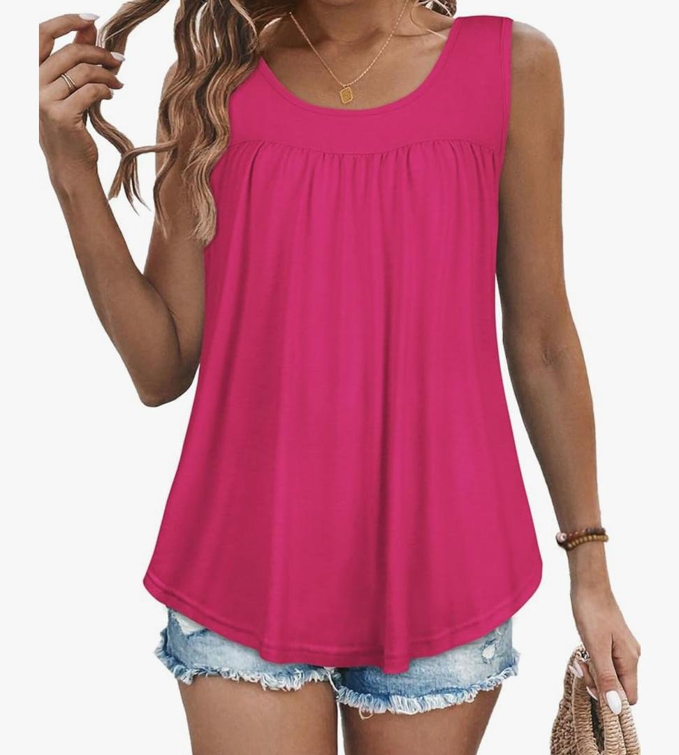 Womens Tank Tops Summer Sleeveless Blouse Crewneck Casual Loose Fit Tunic Shirt Pink L