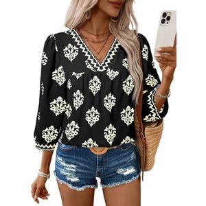 SHEWIN Women's Casual V Neck Floral Print Chiffon Blouses 3/4 Sleeve Boho Summer Tops Shirts (Large, Black)